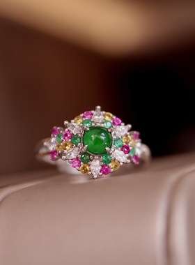 天然A货翡翠葫芦戒指S925纯银多巴胺珠宝饰品轻奢优雅翡翠戒指批