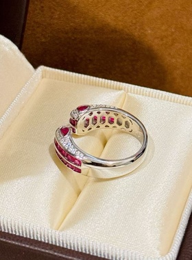 s925纯银感梯方钻玫红仿真钻戒指超闪满钻开口可调节指环