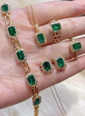 XBK925银镀金高碳钻培育项链 祖母绿方形祖母绿日常套装