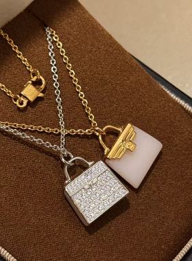 设计师s925纯银 粉色双面包包满钻项链感闪钻粉贝母甜美气质少女