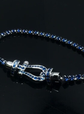 设计师s925纯银 玫红钻红宝石马蹄扣满钻手链感粉钻啪啪拉恰落日