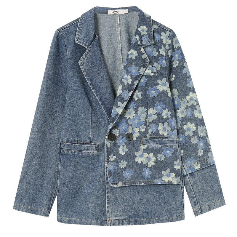 韩潮袭人小香风印花西装领牛仔外套 韩潮袭人短外套