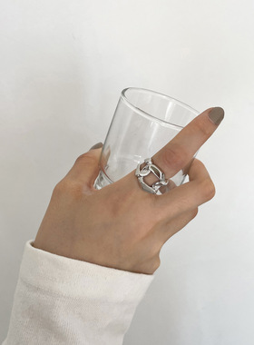 韩版S925银几何镂空戒指女复古时尚个性链条开口指环嘻哈食指戒潮