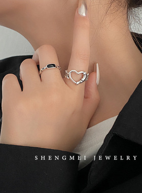 韩版S925银镂空爱心戒指复古时尚链条桃心开口指环个性嘻哈食指戒