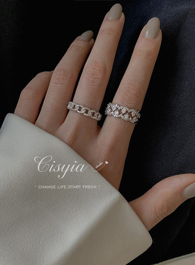 双排满钻甜酷戒指女时尚优雅叠戴个性S925银开口指环ins食指戒潮