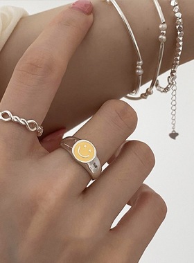 叠戴笑脸戒指女韩版时尚个性S925银微笑开口指环麻花线条食指戒潮