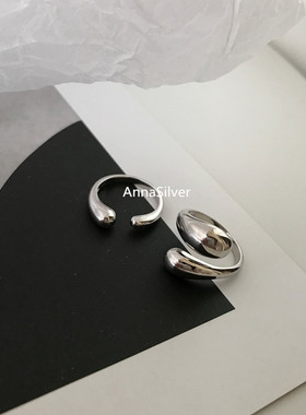 简约线条交叉戒指女几何水滴光面S925银开口指环ins小众食指戒潮