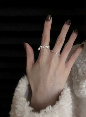 流苏链条珍珠戒指女感时尚气质优雅S925银开口转线条食指戒潮