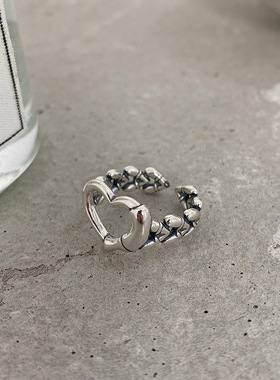 韩版S925银甜美镂空爱心戒指女复古时尚气质嘻哈开口指环食指戒潮