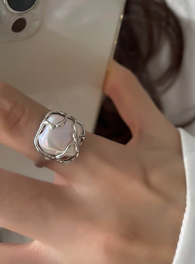 韩版S925银个性C型戒指女复古时尚水滴肌理开口指环嘻哈食指戒潮