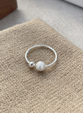 简约甜美小圆球戒指女雾面磨砂S925镀银开口指环百搭食指戒潮