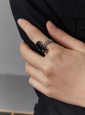 甜酷黑色花朵圆牌戒指女复古时尚暗黑系嘻哈朋克S925银开口食指环