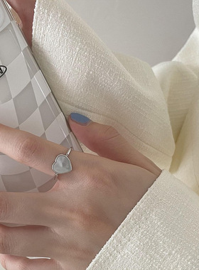 韩版S925银个性贝母心型戒指女复古时尚气质桃心开口指环食指戒潮