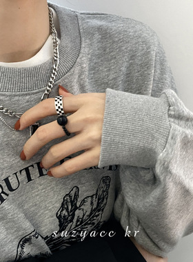 韩版S925银个性黑白格戒指女复古时尚棋盘开口指环嘻哈创意食指戒