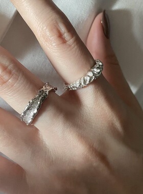 几何不规则褶皱戒指女复古时尚百搭S925银开口指环ins小众食指戒