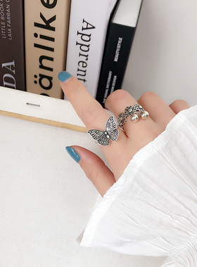 韩版S925银气质蝴蝶戒指女复古时尚重工开口指环跨境创意食指戒潮