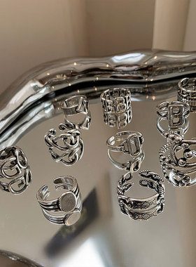 韩版S925银字母B戒指女复古时尚个性几何开口指环GO嘻哈食指戒潮