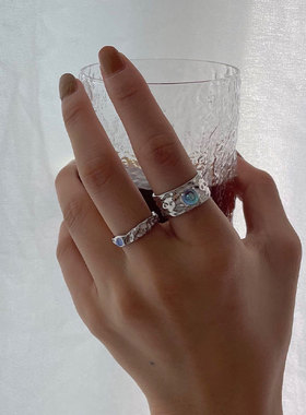 韩版S925银月光石戒指女复古时尚冷淡风ins开口指环锡箔纹食指戒