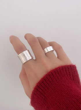 素圈宽边戒指女时尚个性设计感夸张S925银拉丝光面开口指环食指戒