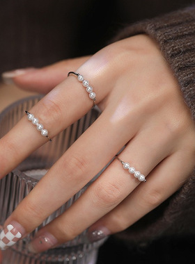 韩版S925银甜美珍珠戒指女复古时尚宫廷风气质开口指环嘻哈食指戒