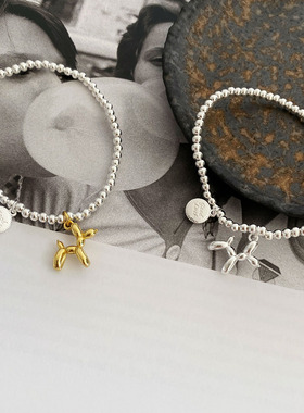 韩版S925银可爱气球小狗手链女复古时尚圆牌圆珠手环嘻哈创意手饰