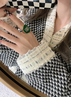 欧美S925银夸张圆牌字母戒指女复古时尚嘻哈开口指环气质食指戒潮
