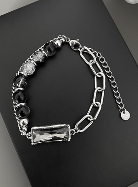 小众设计感黑色冰晶串珠感手链女冰裂珠拼接百搭嘻哈手饰