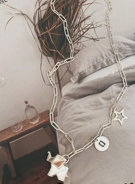 韩版S925银个性镂空星星项链女复古时尚创意折纸大象圆牌锁骨链饰