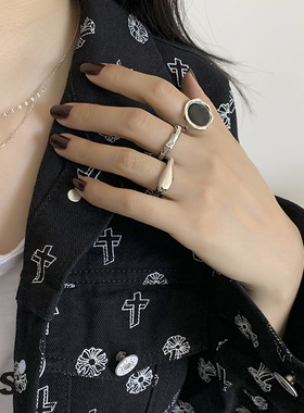 日韩S925银黑色滴釉花朵戒指女复古时尚气质水滴开口指环食指戒潮