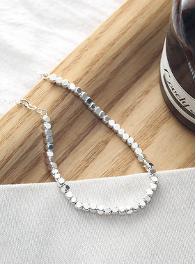 韩版S925银几何方块手链女复古时尚气质简约切割方糖手环嘻哈手饰