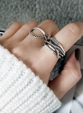 韩版S925银线条多层缠绕戒指女复古时尚字母链条开口食指环潮