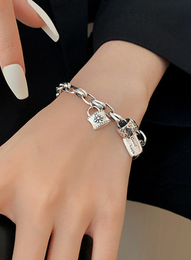 挂锁花纹字母方牌吊坠手链女复古做旧嘻哈个性S925银手环百搭手饰