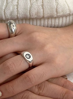 韩版笑脸面包戒指女复古时尚字母个性简约S925银开口指环食指戒潮