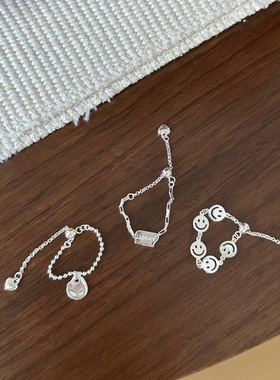 简约几何笑脸戒指女可抽拉调节时尚字母吊坠S925银指环ins食指戒