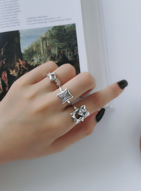 韩版S925银幻境创意戒指女复古时尚优雅宝石开口指环不规则食指戒