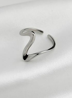 简约S925银波浪戒指女复古时尚冷淡风开口指环V型韩版食指戒潮