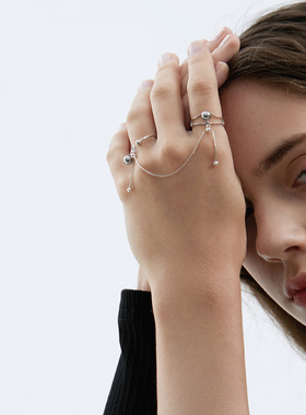 原创设计925银双指链条流苏戒指