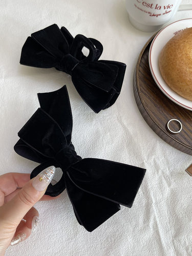 丝绒一体~黑色蝴蝶结抓夹大号 鲨鱼夹高级感 发夹女后脑勺秋冬 - 图0