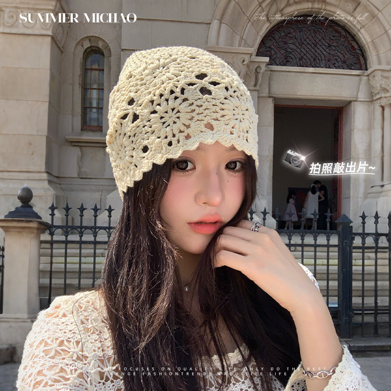 针织帽子女2025新款旅游手工镂空钩花帽显脸小夏季薄款编织包头帽,淘宝优惠券,粉丝福利购,淘宝优惠卷