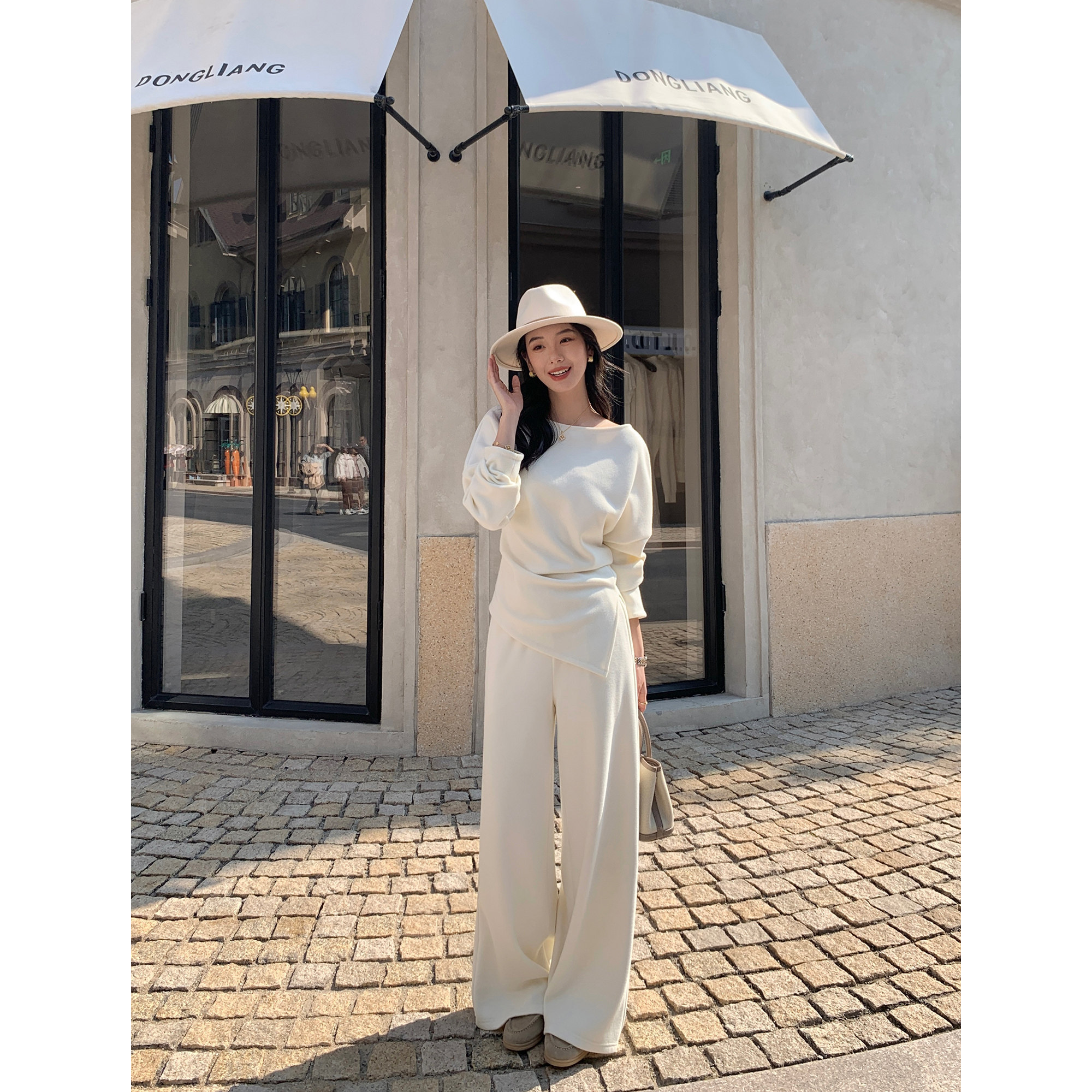 MULVAN 时髦东区 慵懒风不规则斜肩针织衫女垂感阔腿休闲长裤套装,淘宝优惠券,粉丝福利购,淘宝优惠卷