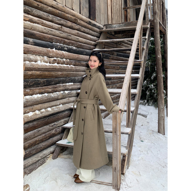 Dropped shoulder retro stand collar woolen jacket with detachable straps