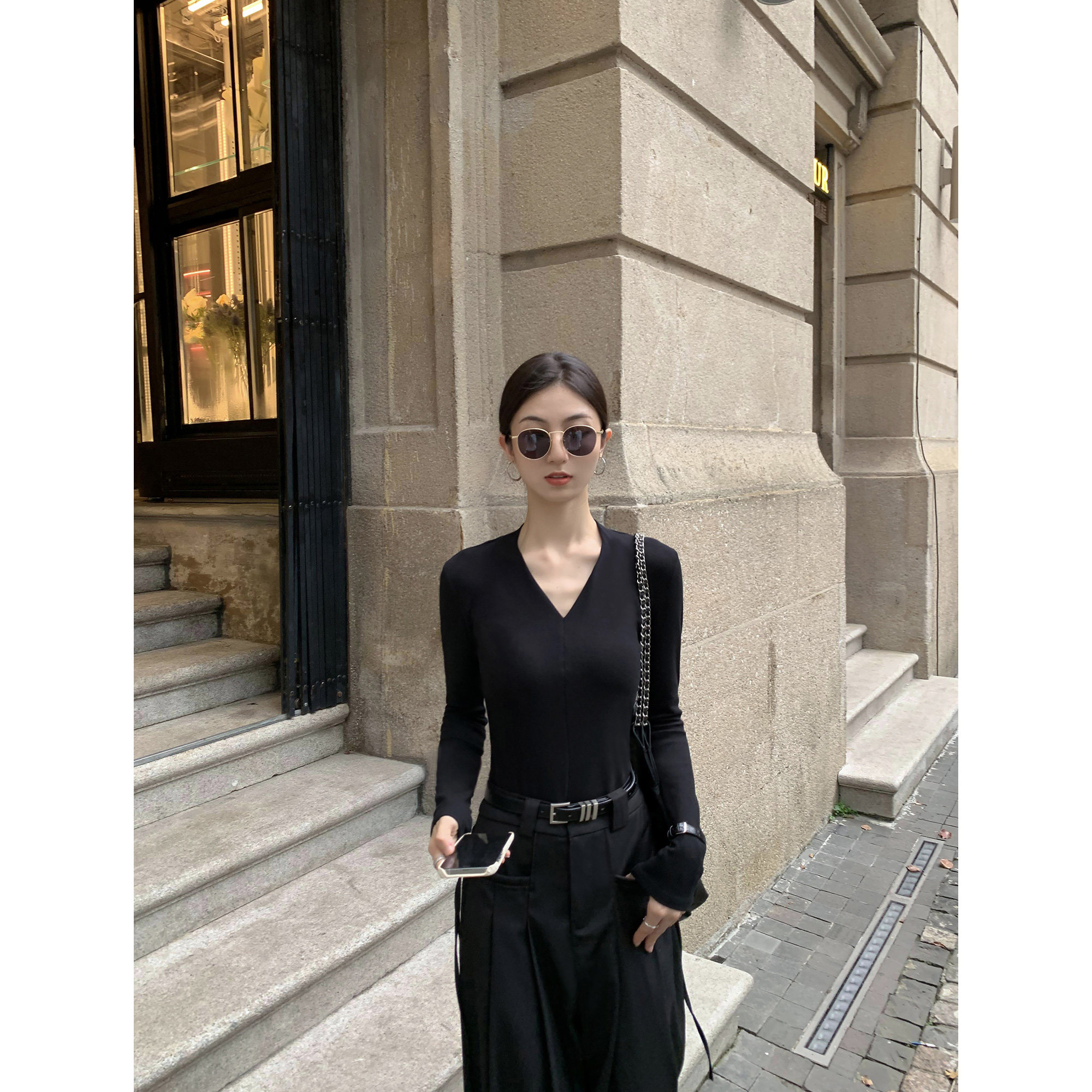 MULVAN黑色v领长袖t恤女新款修身显瘦百搭针织内搭打底衫上衣,淘宝优惠券,粉丝福利购,淘宝优惠卷