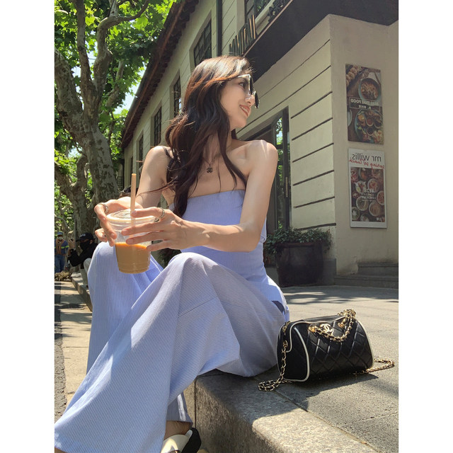MULVAN Temperament suit Designed off-shoulder tube top top women's casual wide-leg pants striped striped two-pieces set