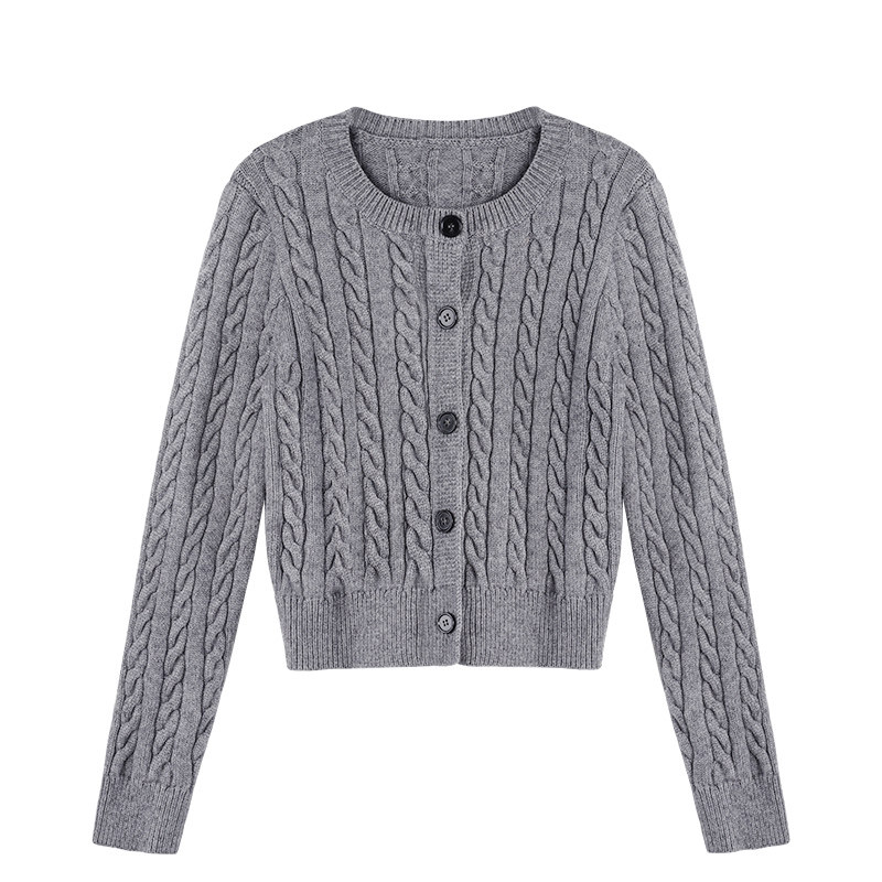 MULVAN 灰色圆领麻花毛衣开衫女冬季短款修身内搭针织衫上衣 - 图3