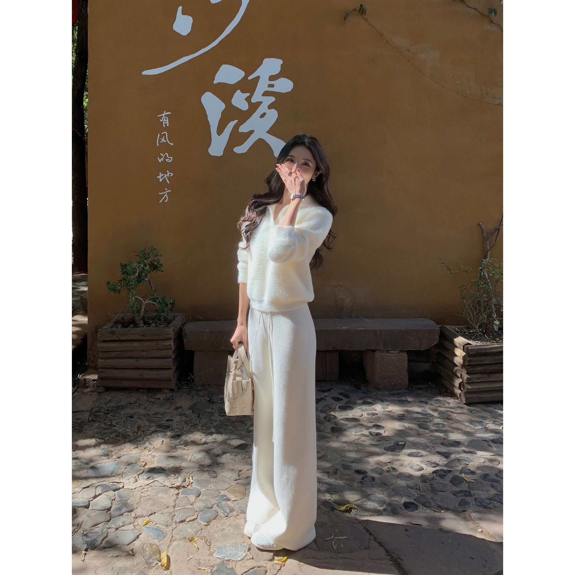 MULVAN 情书未封 米白色阔腿休闲裤女高腰宽松抽绳针织直筒长裤子,淘宝优惠券,粉丝福利购,淘宝优惠卷