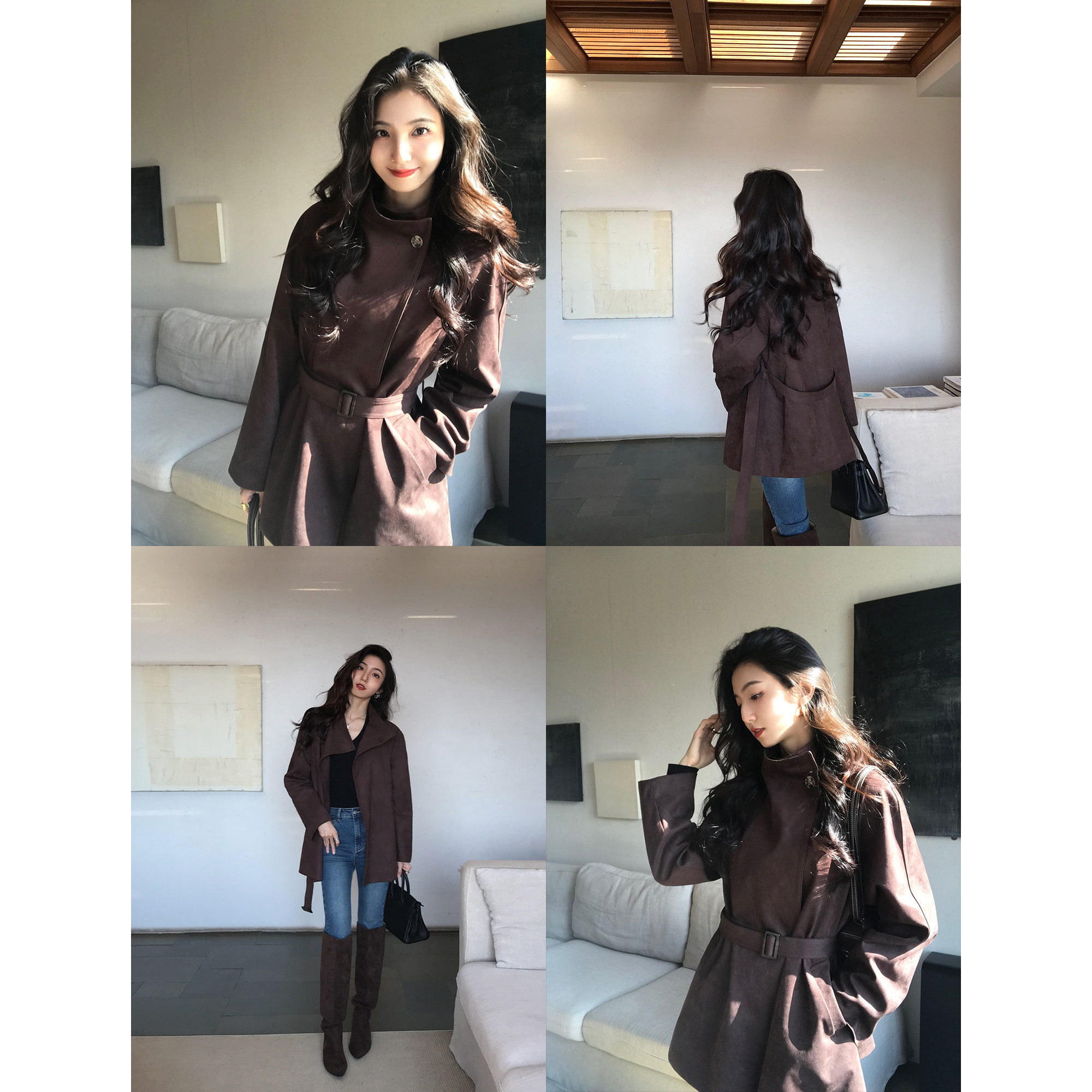 MULVAN 美学编导 立领麂皮绒夹棉外套女高级感宽松系带中长款风衣,淘宝优惠券,粉丝福利购,淘宝优惠卷