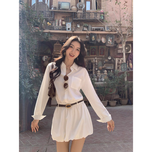 MULVAN 山茶白茉莉 极简白色衬衫连衣裙女休闲收腰气质短款花苞裙 - 图0