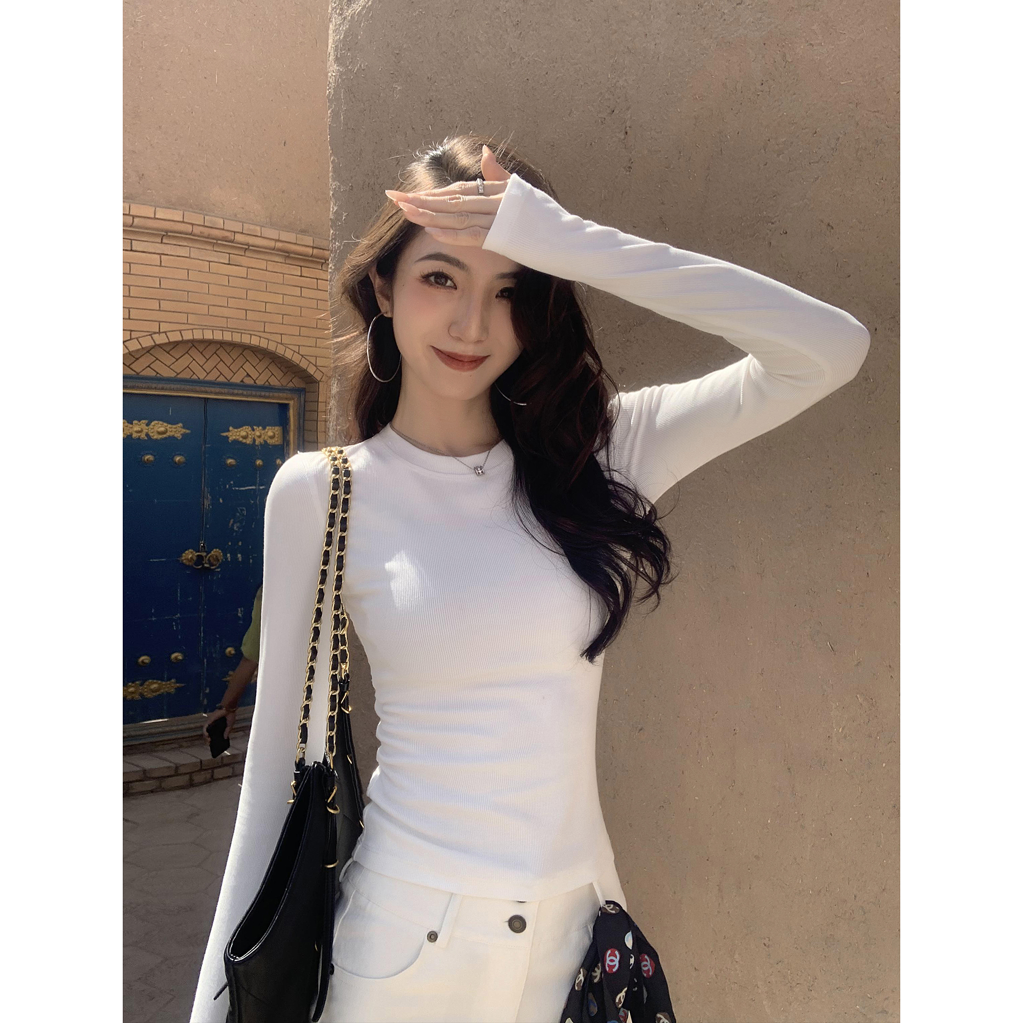 MULVAN 玫瑰庞克 正肩圆领针织长袖T恤女套头打底衫修身显瘦上衣 - 图1