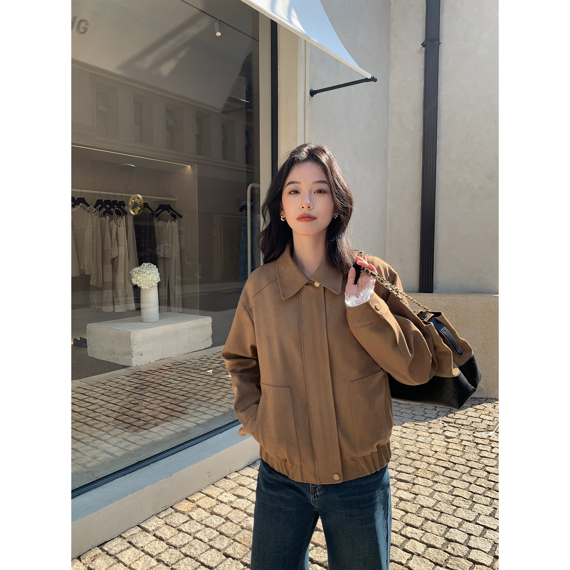 MULVAN 【现货8折】布朗尼日落 复古绒面翻领休闲夹克女短外套,淘宝优惠券,粉丝福利购,淘宝优惠卷