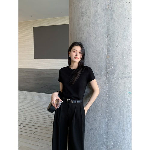 MULVAN 白色圆领短袖t恤女休闲纯色基础款内搭打底衫正肩上衣 - 图0